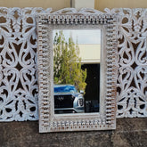 Mandala Hand Carved Solid Wood Wall Mirror White Wash 61.5x3.5x82Cm